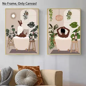 Bathroom Canvas Painting without Frame, 2 Counts Modern African American Woman in Bathroom Pattern Wall Art, Wall Decor for Home Bedroom Bathroom, Modern Art Design, Modern Home Decoration