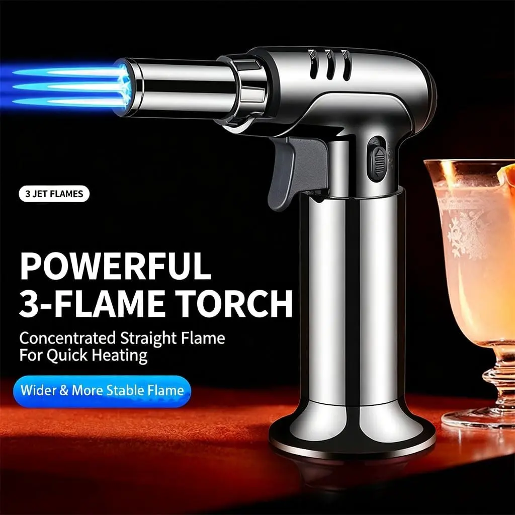 (No butane) Black Metal Shell Portable Lighter,Triple Direct Blue Flame Lighter,Handheld Spray Gun, Windproof And High Temperature, Adjustable Flame, Gift For Men and Women, For Wedding, Party, Cooking, Camping, Lighting Candles