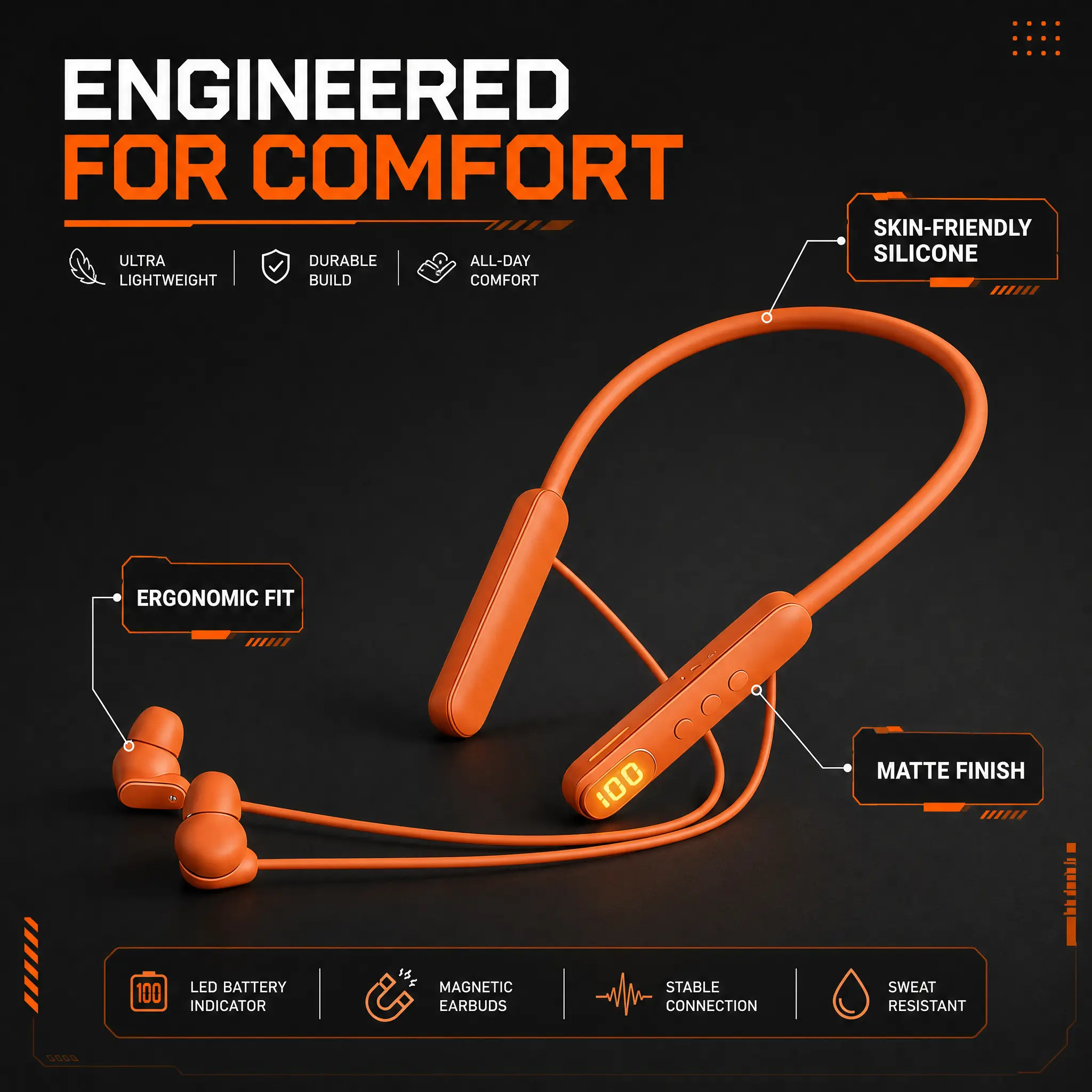 New Matte Neckband Wireless Bluetooth Earbuds, LED Battery Display Magnetic Ear Tips, Sweat Resistant Skin-Friendly Silicone for Gym Workout Commute Deep Bass Stereo,Noise