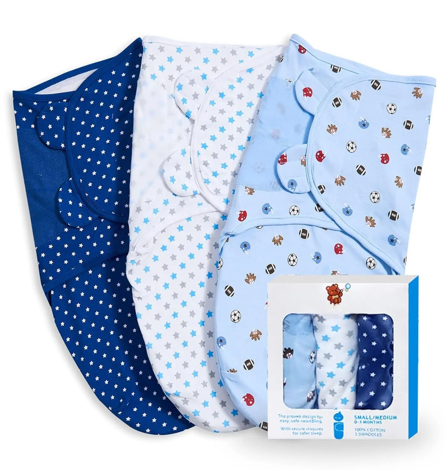 3 Pack  Swaddle 0-3 Months -  Adjustable  Swaddles Blanket  Girl Boy, Swaddling Wrap Blanket Sleep Sack for -Blue