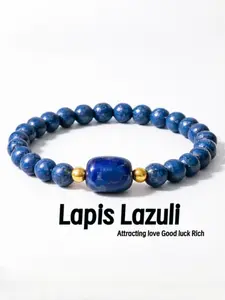 Natural Lapis Lazuli Beaded Bracelet - Minimalist Blue Stone Stretch Bracelet with Gold Accents