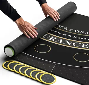 Blackjack Mat 70" x 30" in Zipper Storage Bag with 8 Coasters in Gift Box | Golden Black