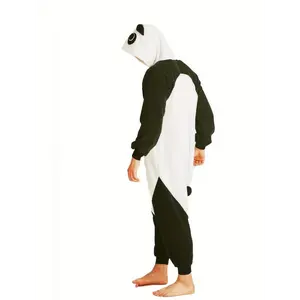 Adult Men'S Hooded Panda Onesie Pajama, 100% Polyester Fleece-Lined Thick Knit Fabric, Loose Fit Animal Costume for Halloween, Christmas Party, Autumn/Winter Warm Sleep Robe with Embroidery Details Long Sleeve Menswear Nightwear Collar Blue Loungewear