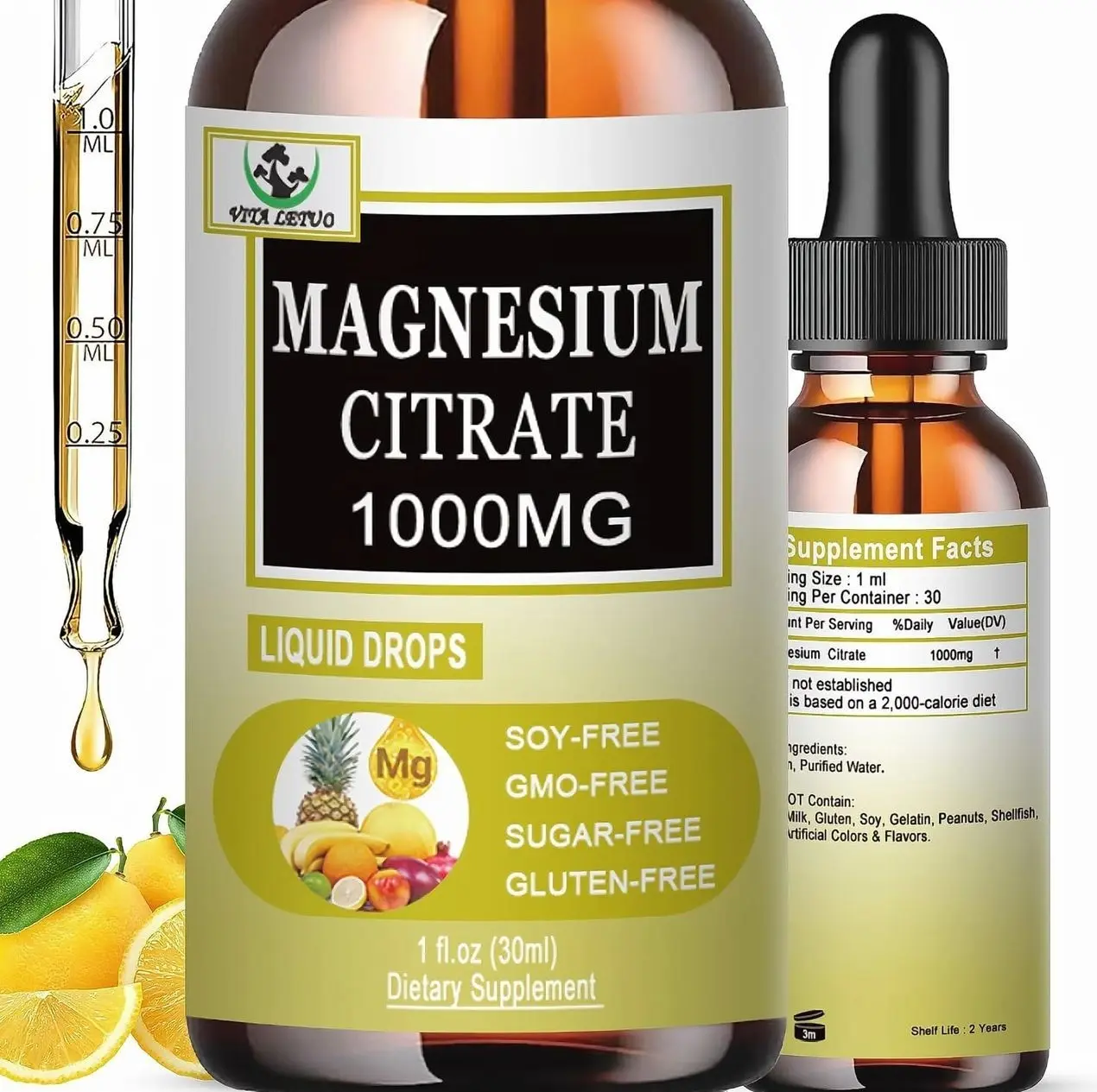 Magnesium Citrate Liquid Drops | High Absorption Liquid Magnesium Supplement for Sleep, Muscle & Heart Support - Magnesium Citrate 1000mg for Adults Women & Men - Vegan | Non-GMO - 30 Servings