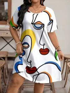Plus Size Womenswear Casual Summer Loose Dress, Full Print Design, Simple Style, Perfect for Warm Weather, Comfortable and Stylish