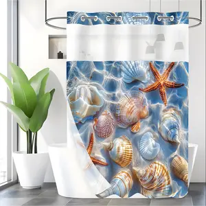 LVRLVR 1pc Coastal Beach Seashell Starfish Shower Curtain with Liner, Hookless C Rings, 70.8"x74" Double Layer Bathroom Curtain with Sheer Window