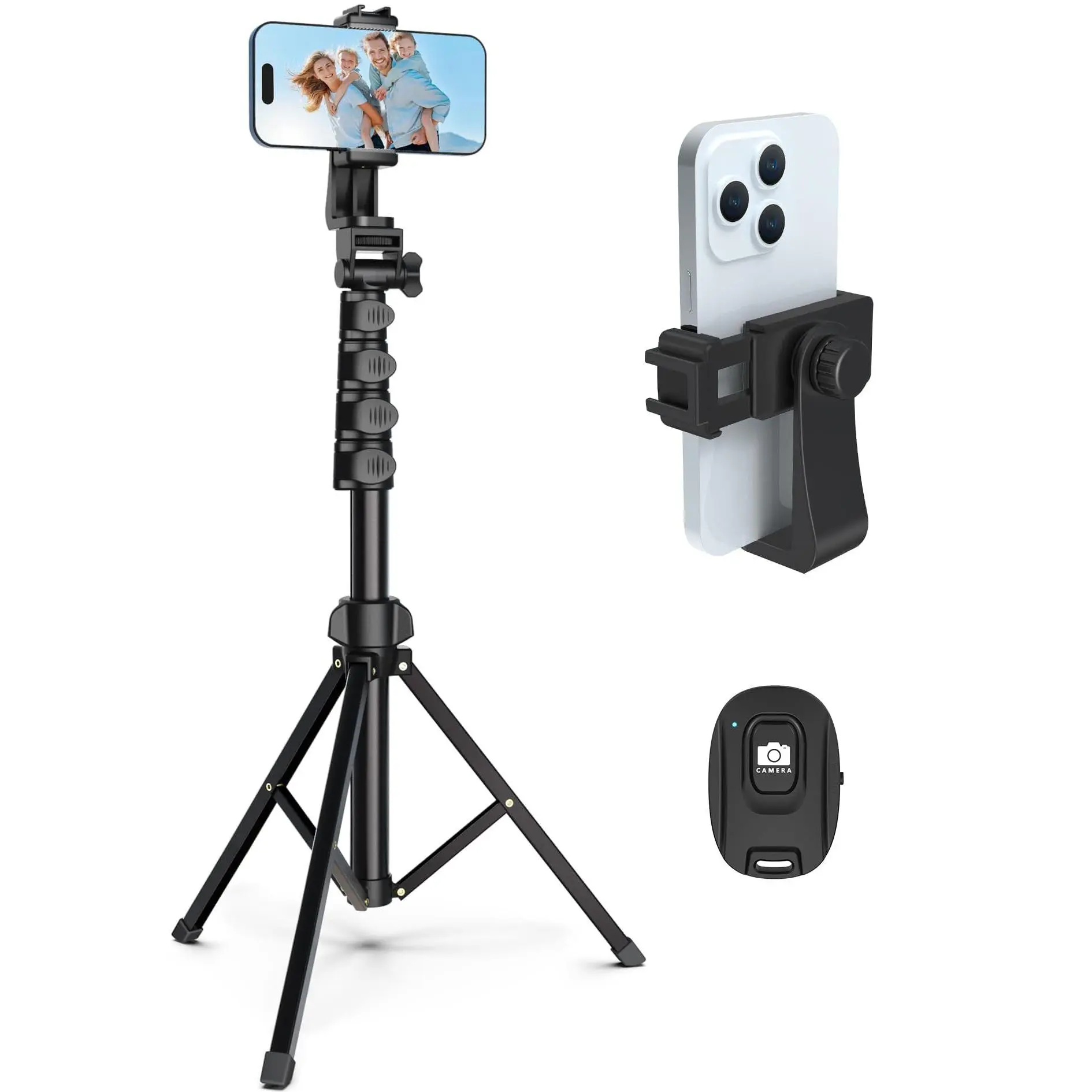 64” Tripod for Cell Phone & Camera, Phone Tripod with Remote and Phone Holder, Portable Tripod for iPhone, Phone Tripod for Video Recording, Cell Phone Tripod Mount Stand for Cellphone