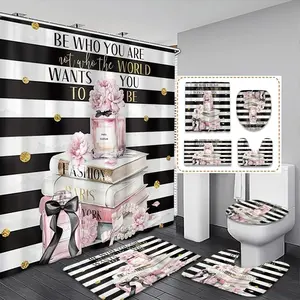 Creative Fashion Luxury Style Striped Background Floral Perfume Bottle Fashion Book Set, Inspirational Quote Shower Bath Curtain Set, Shower Curtain Sets