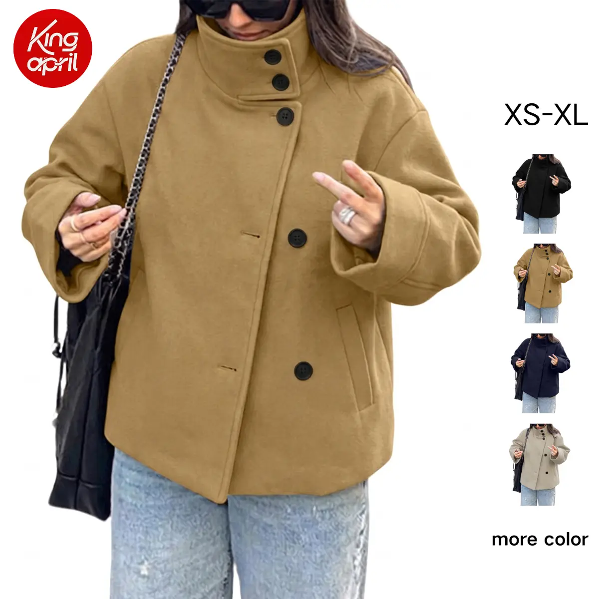 Kingapril Women Crop Pea Coat Wool Blend Winter Loose Casual Short Jacket Outwear Womenswear