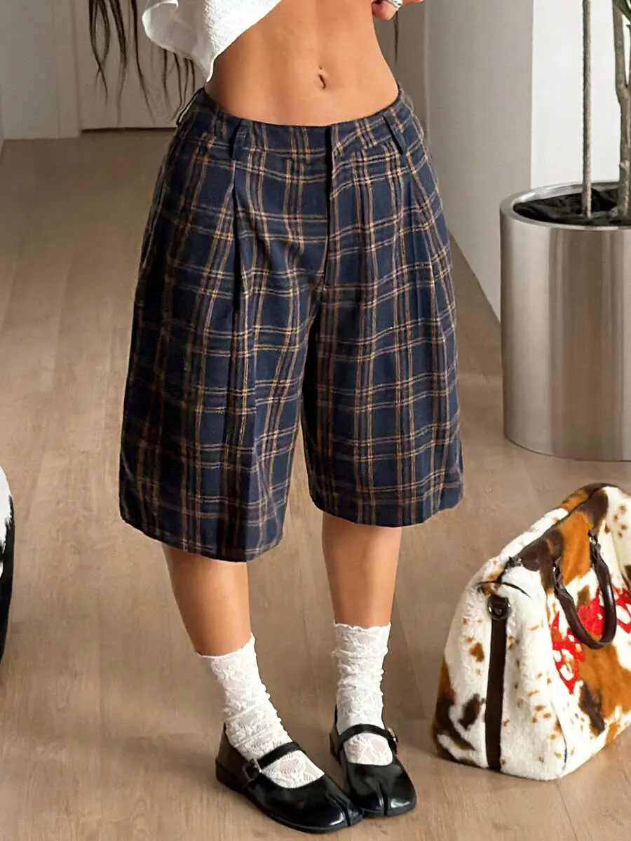 JEANDY Streetwear Y2k Casual Vintage Western Wear Homecoming Daily Wear Graphics Gingham Baggy Low Rise Bermuda Crotch Pants