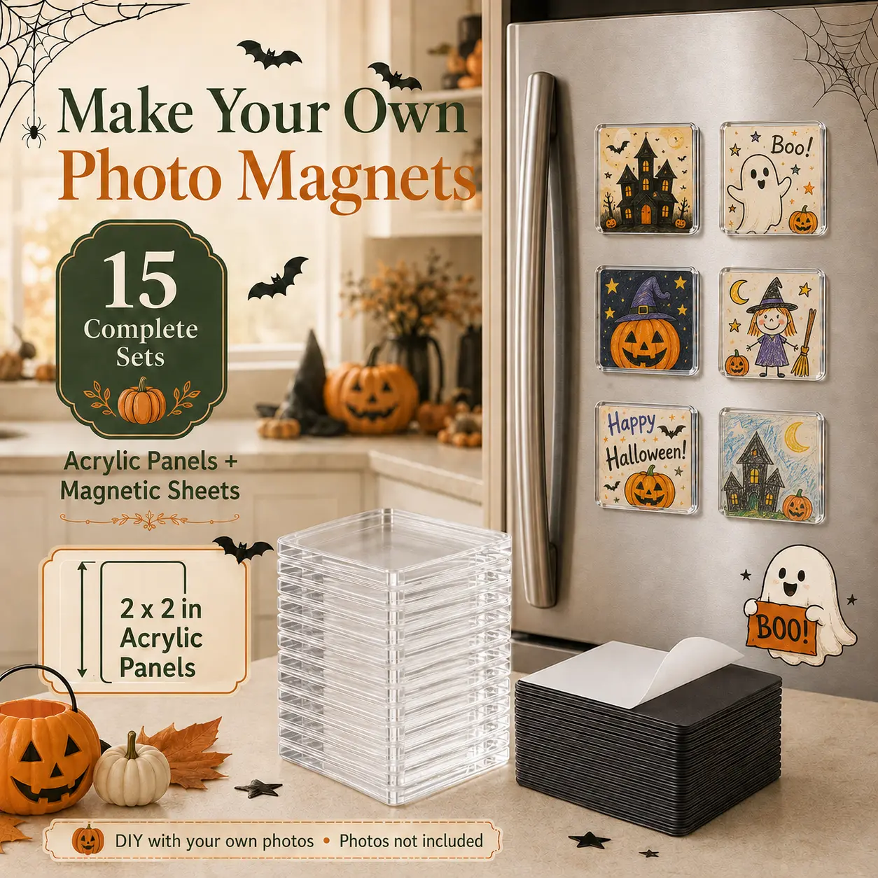 Halloween Magnetic Photo Frames 2"x2" Clear Acrylic DIY Refrigerator Magnets with Adhesive Backing – Square Photo Magnets for Halloween Crafts, Kids Artwork, Party Decor, Kitchen Fridge & Home Decoration – Spooky Season Essentials #HalloweenDecor #Hallowe