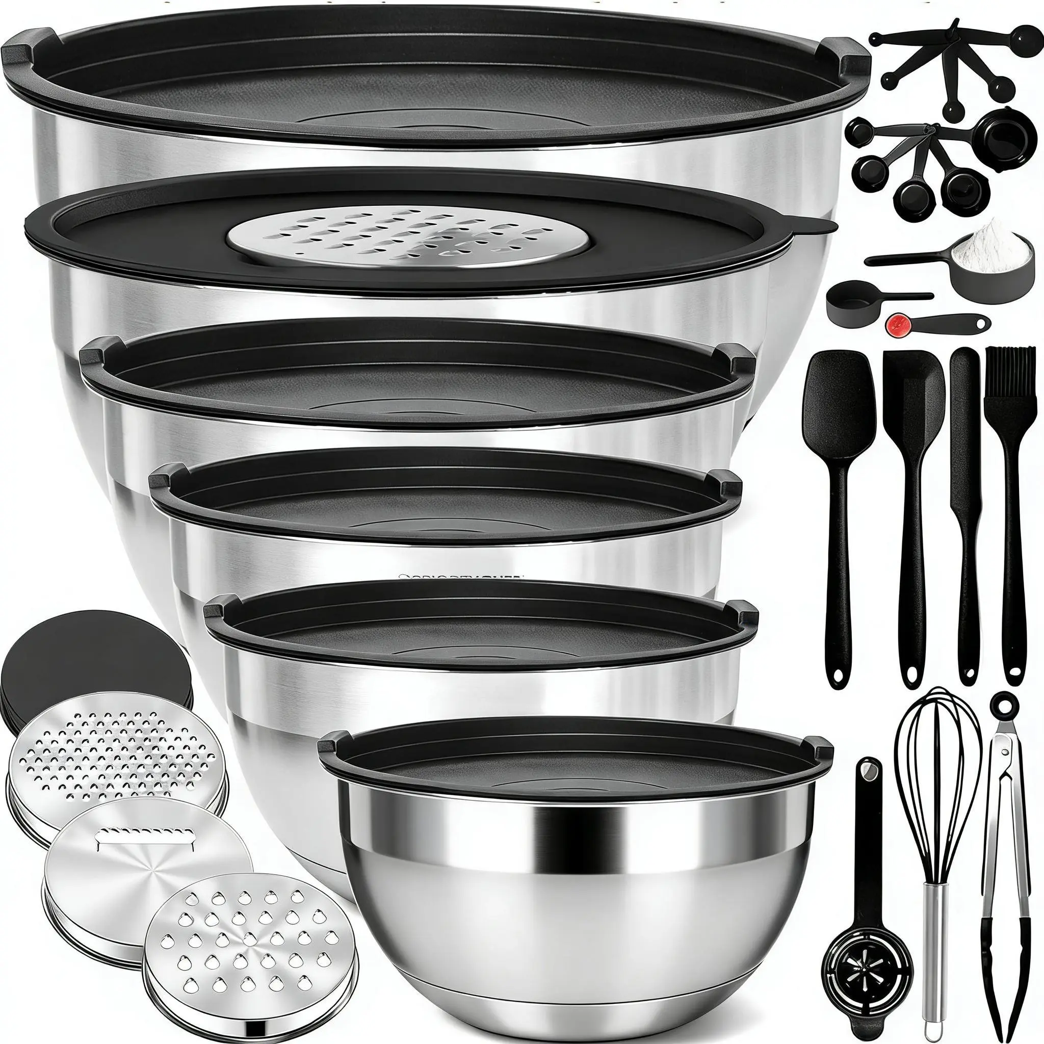 23Pcs Stainless Steel Stackable Bowls Set - Multi-Size Nesting Mixing Bowls with Lids, Graters, Whisk, Spatulas, Measuring Spoons, Must-Have Serving Kit, Versatile Tools for Cooking/Baking (7Pcs Core Tools in 21Pc Base Config), Colorful - 6Pcs (23Pc), Inc