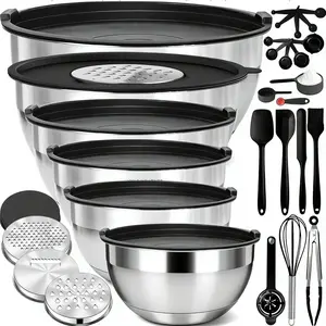 Colorful Lids Large Capacity Salad Bowls 6 Piece Stainless Steel Kitchen Mixing Bowls With 3 Graters Set 8 Accessories
