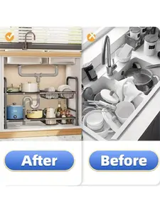 A1pc Expandable Under Sink Organizers And Storage 2 Tier Cabinet Shelf Organizer With 5 Detachable Panels 5 Baskets For Under Kitchen Bathroom Sink Organizers And Storage