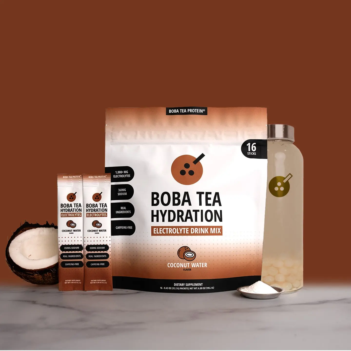 Boba Tea Protein Coconut Hydration Electrolyte Drink Mix - 100% Organic Coconut Water, 1000mg Electrolytes, Zero Artificial Additives, Energy Beverage