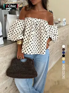 Women's Loose Fit Slimming Polka Dot Off-Shoulder Bubble Sleeve Top, Perfect for Parties and Events, Stylish and Comfortable Blouses
