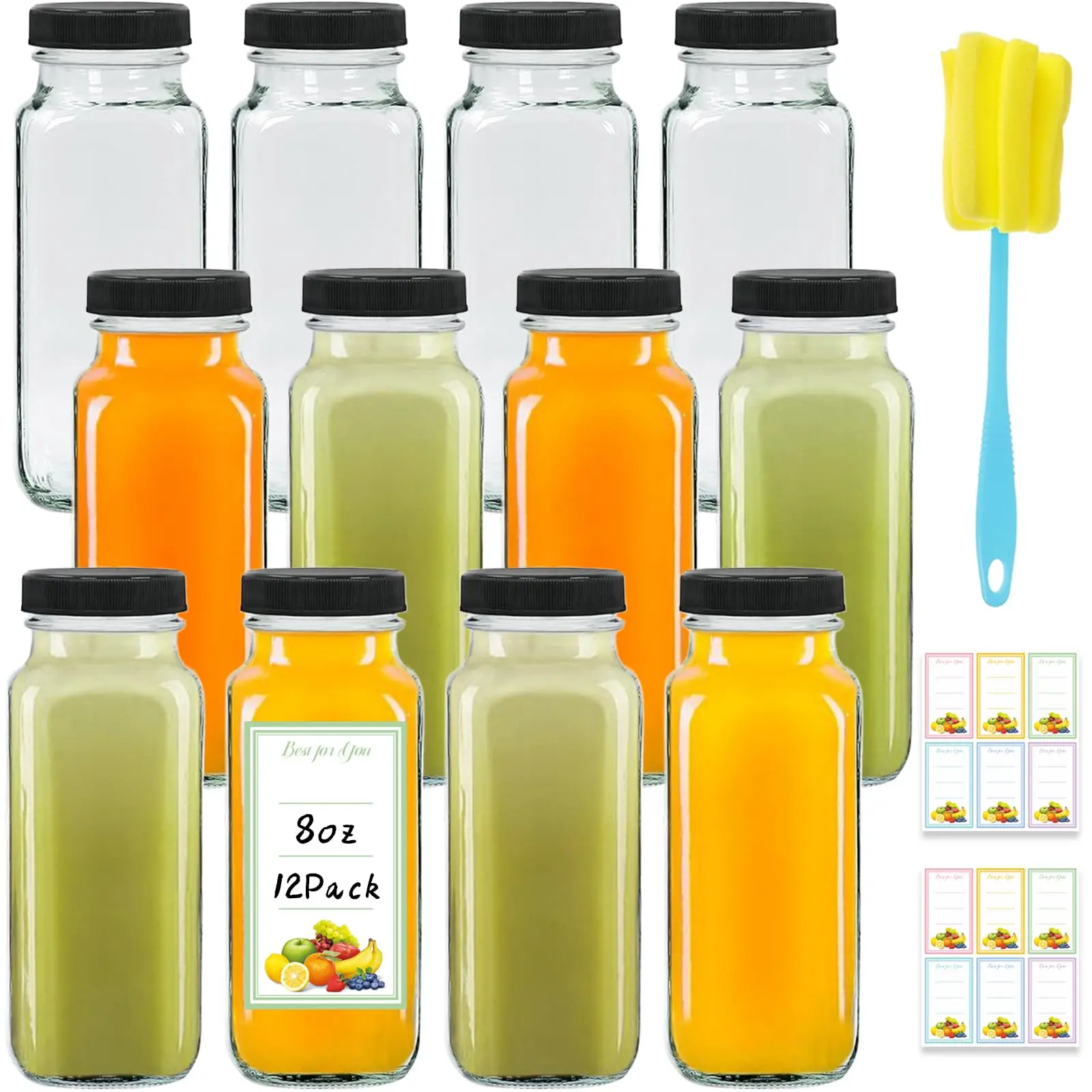 Durable Food-Grade Glass Juice Bottles (8oz/250ml, 12-Pack) with Black Plastic Lids, 1.3" Mouth Diameter, 2.1" Diameter x 5.5" Height Square Home Supplies Storage Jars for Hand Organiser, Wedding Prep (Includes Stickers)