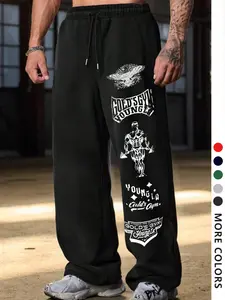 Men's Casual Loose-Fit Sweatpants, Weightlifter & Eagle Print Drawstring Wide Leg Pants, All-Season Comfortable Men's Clothing