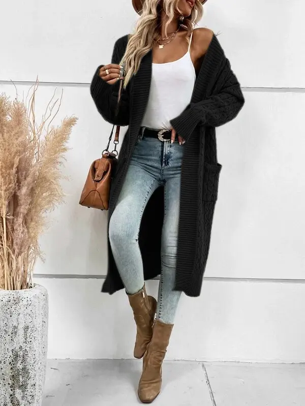 Danedvi Women's Cable-Knitting Long-Sleeve Open-Front Cardigan Coat with Pockets, Casual Knit Outerwear Top