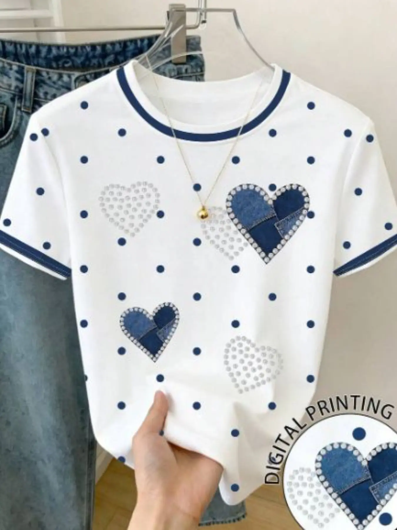 Women's Lady Colorblock Simple Heart Print Short Sleeve Summer Casual Round Neck T-Shirt, Casual Tops, Digital Print, Non-3D Rhinestones, Comfortable and Stylish, Casual Fashion Tee