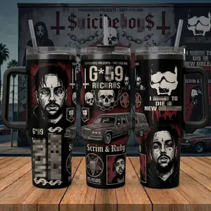 G59 Records Hip Hop Tumbler 40oz with Handle, Suicide Boys New Orleans Fan Travel Mug with Straw, Grim Ruby Skull Stainless Steel Cup, Rap Concert Merch, Dark Aesthetic Gothic Gift for Music Lovers, Birthday Gift for Him