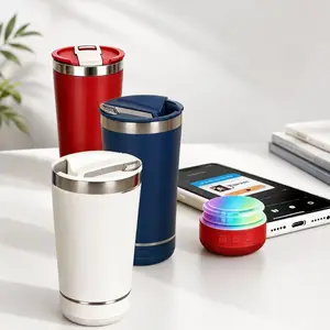 Bluetooth Speaker & Tumbler Cup Combo – 16oz Stainless Steel Insulated Mug with Built-in Rechargeable Wireless Speaker, Multi-Color LED Lights, Great Gift for Dad, Mom, or Grandpa