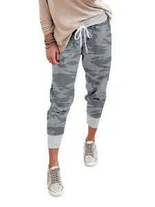 Women's Camo Drawstring Jogger Pants, American Casual Style Elastic Waist Ribbed Cuff Long Pants, Comfortable Versatile Daily Wear