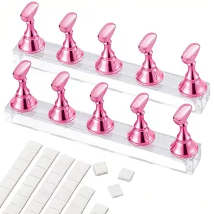 54 Pcs Pink Magnetic Acrylic Nail Stand Nail Tips Practice Holder Reusable Adhesive Putty for DIY Press on Nail Art Painting
