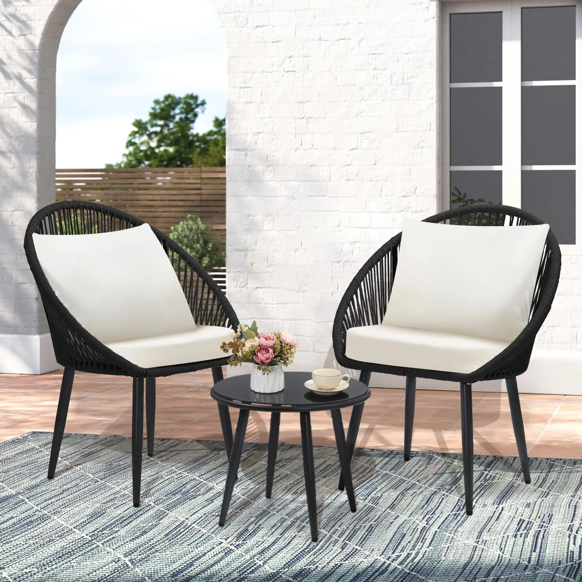 3-Piece Rope Woven Outdoor Bistro Set with Cushions - Versatile Patio, Outdoor & Balcony Furniture for Garden, Available in Standard or Premium Weave, Patio Furniture Sets, Outdoor Furniture Sets summergarden