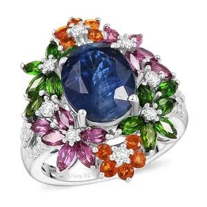 Kyanite and Multi Gemstone 7.40 ctw Mystic Garden Ring in Rhodium Over Sterling Silver Size 7 Christmas Gifts
