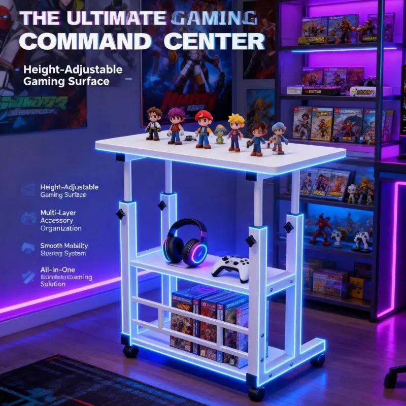 Adjustable Height Modular Gaming Desk, Multi-tier Gaming Accessory Storage Rack, Mobile Gaming Table with Casters, Black and White Two-tone Gaming Furniture, Durable Frame Gaming Work Surface, Space-saving Modular Gaming Station