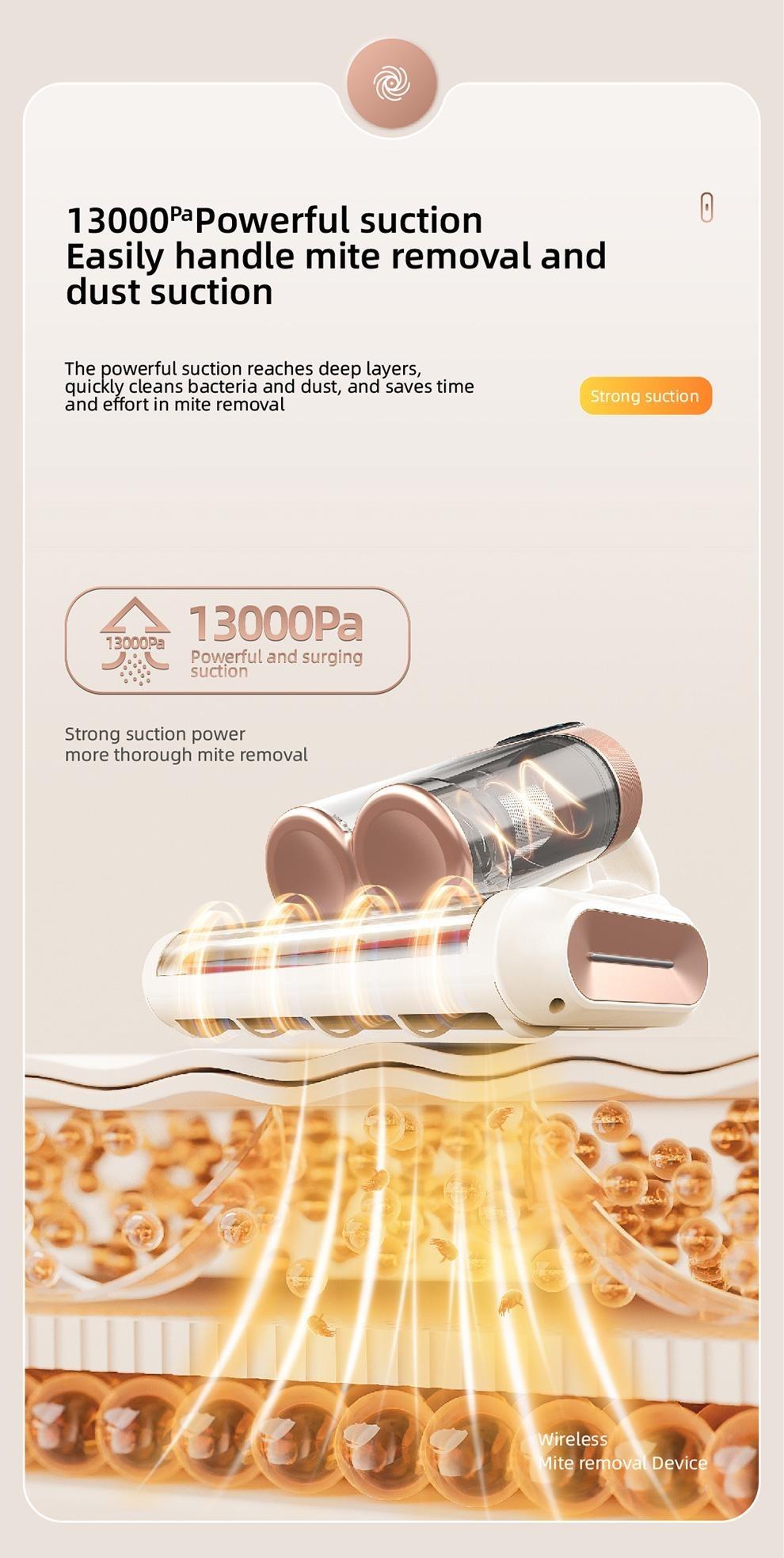 Mattress Vacuum Cleaner with UV-C Lamp & LED Display 13kPa Suction Brushless Motor HEPA Filter for Beds Sofas