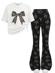 2-Piece Girls' Casual Minimalist Outfit, Cute Clothing Set: White Crew Neck Short-Sleeve T-Shirt with Bow Print + Black Flared Pants with Bow Print. Ideal for girls' daily wear, outdoor activities and casual sports, and perfect as a gift