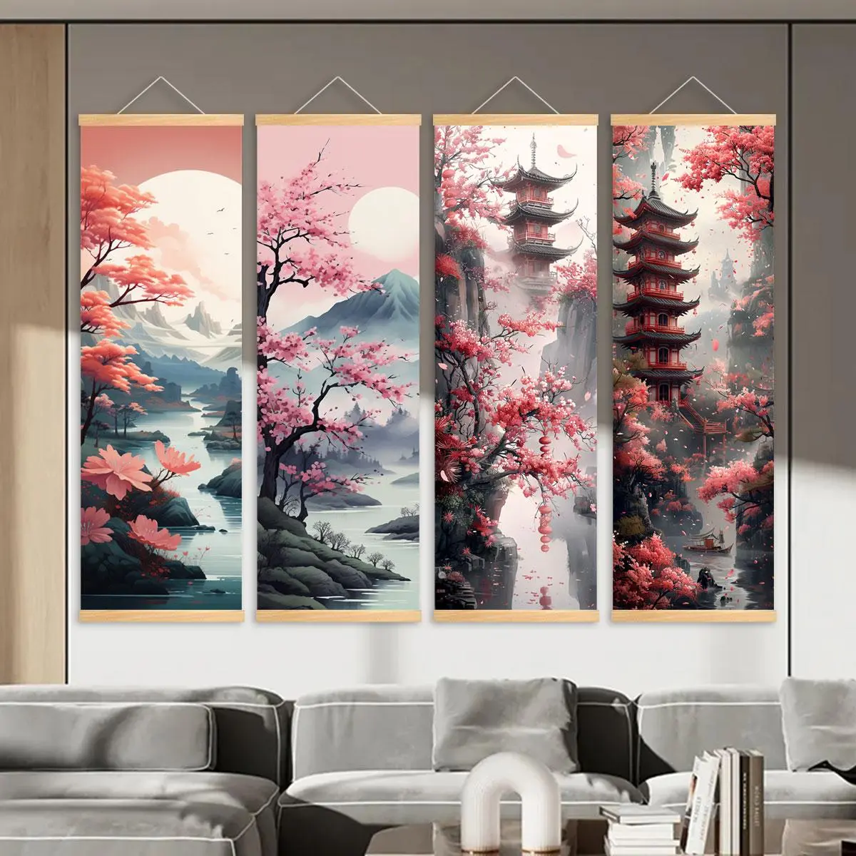 Wooden Hanging Banner, 4 Counts Cherry Blossom and Ancient Architecture in Japanese Style Poster, Exquisite Natural Scenery, Perfect Living Room Decor, Ornaments, Wooden Wall Art