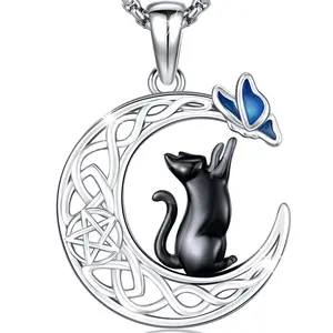 DRINSPER 925 Sterling Silver Pendant Necklace Back Cat with Butterfly and Cresent Moon Design Elegant Fashion Necklace Jewelry Gift