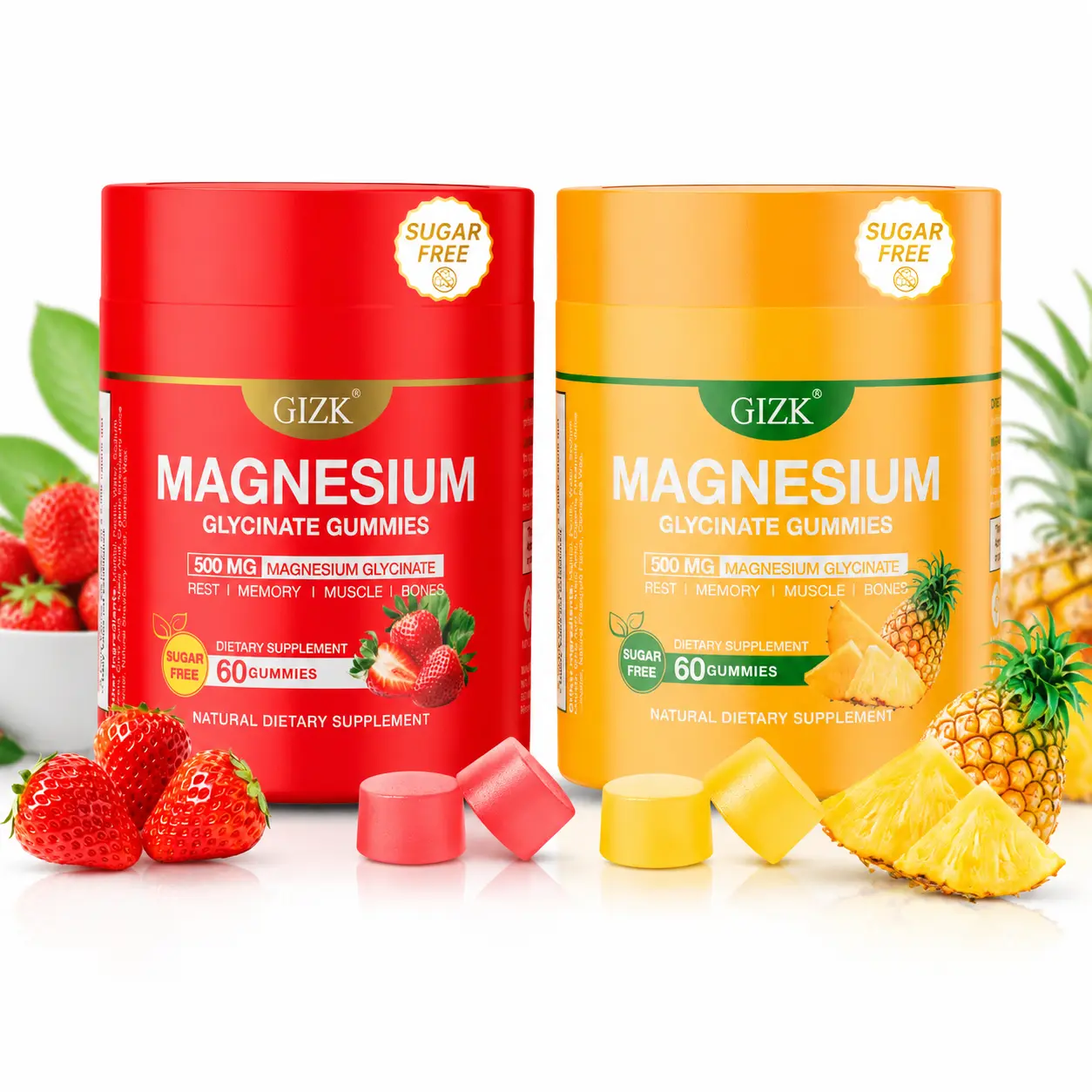 GIZK Magnesium Glycinate Gummies, Strawberry & Pineapple 2‑Pack Set, 2 Separate Individual Bottles, With Ashwagandha, L‑Theanine & Zinc Herbal Mineral Supplement