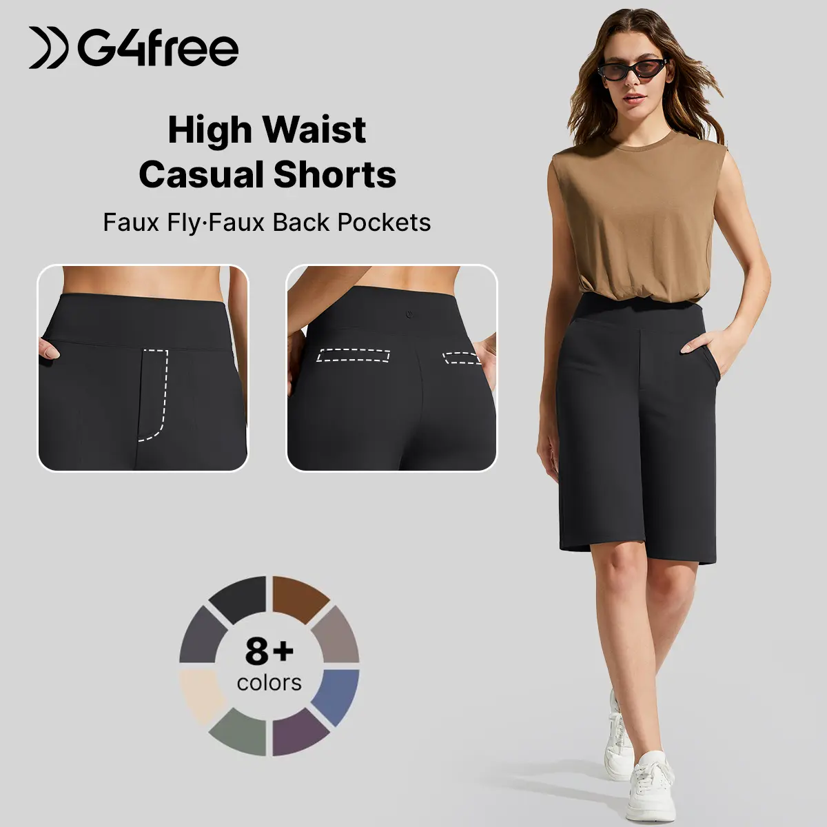 G4Free EverGoing Women's 10" Knee-Length Bermuda Shorts with Pockets - Athletic, Casual Bottoms