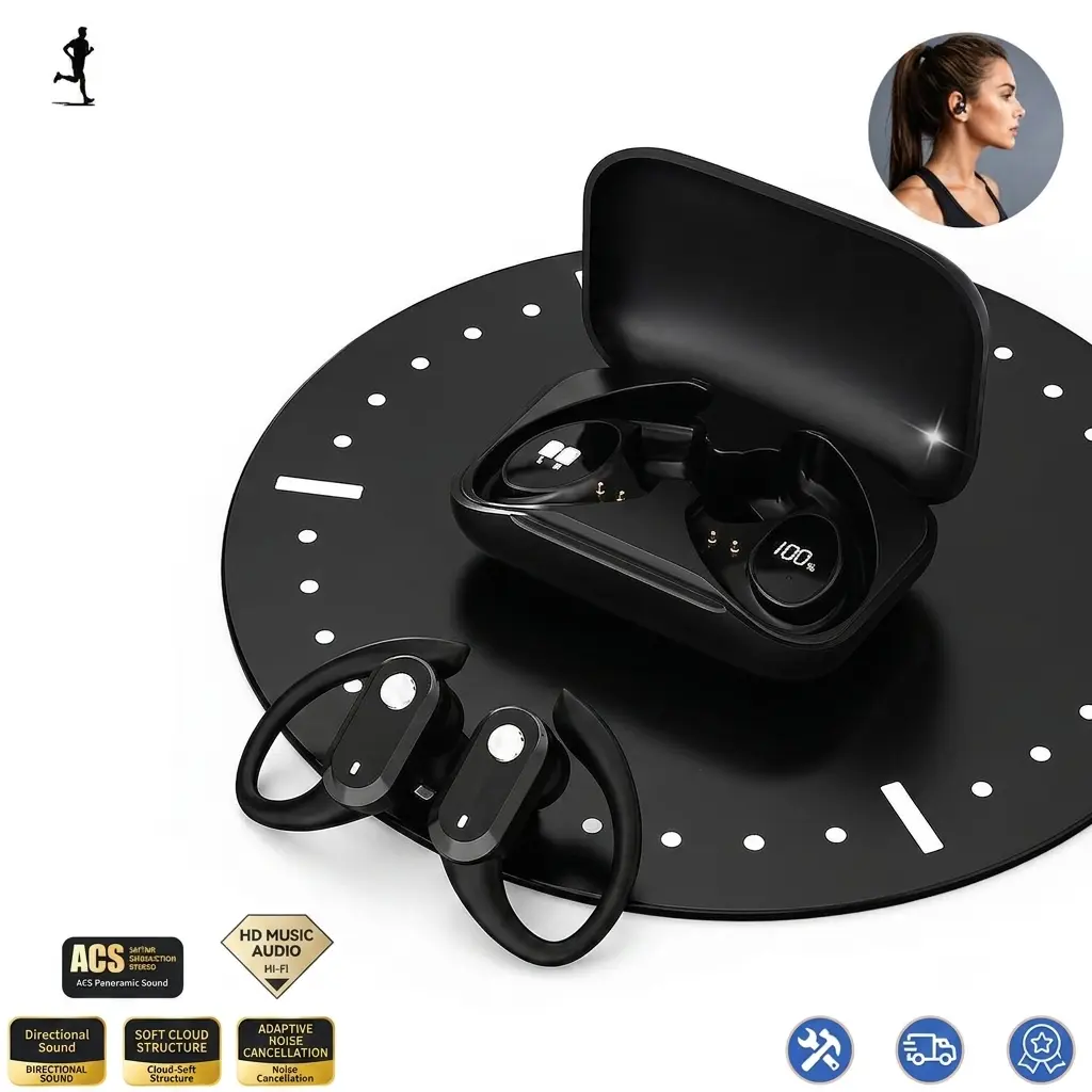 S1 Wireless Ear-Hook Bluetooth Earphones for Exercise & Running - Hi-Fi Audio, ENC Call Cancel Microphone, Digital Battery Display, Premium Charging Box Pack, Lightweight, Wireless Ear Hanging Earphone, Ergonomic Design Earbuds with Charging Case