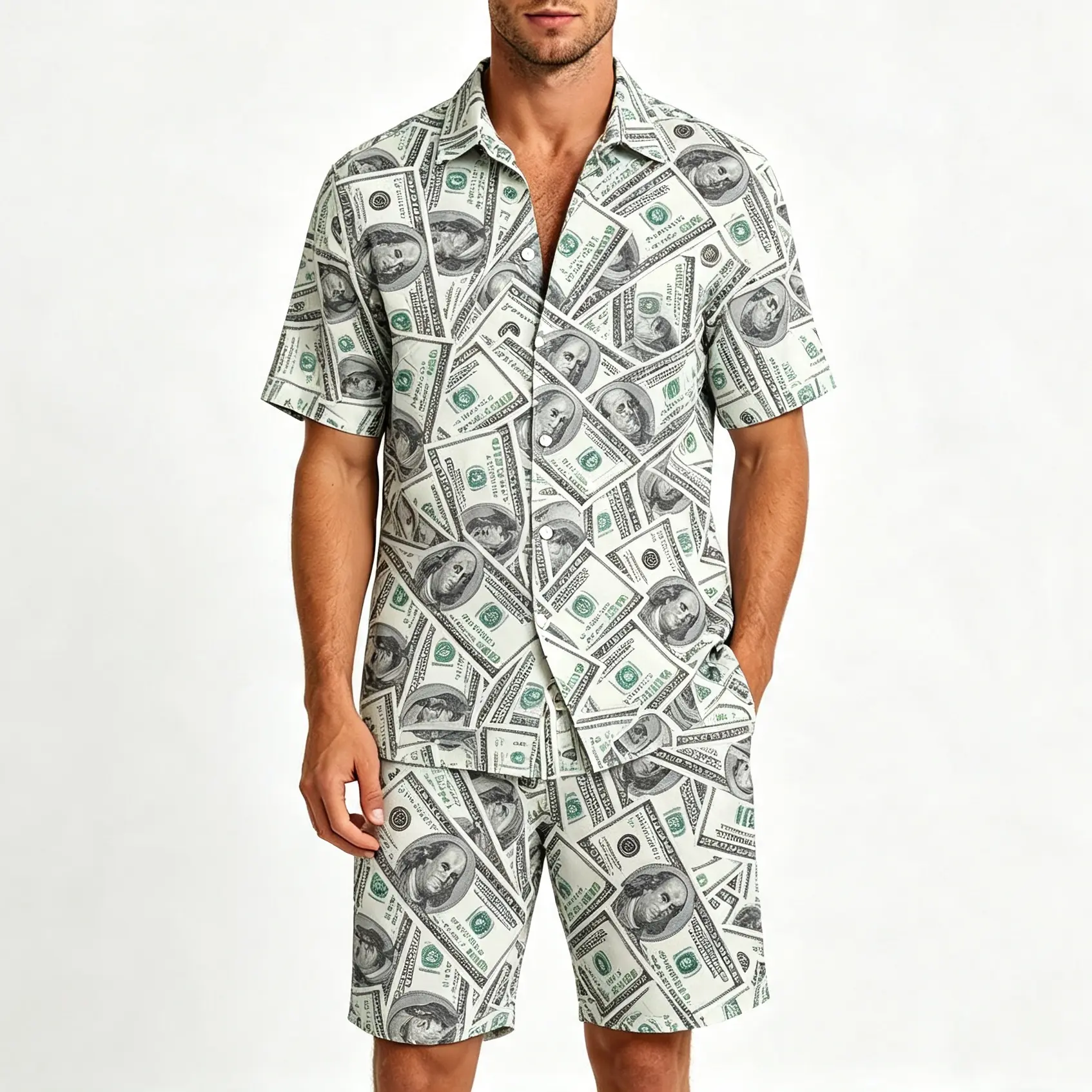 Men’s Short Sleeve Button Down Beach Shirt Matching Shorts Set, Multi Tropical Art Print, Double-Line Grid Fabric Summer Vacation Outfit Breathable Casual