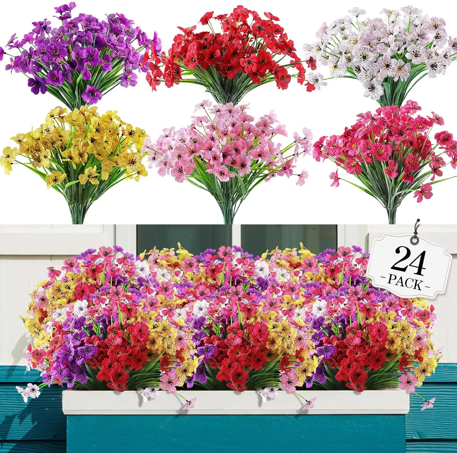 24-Bundle Mixed Color Hanging Artificial Flower Bouquet Set, No-Fade Fake Plastic Decorative Ornaments with Flexible Branches for Outdoor/Indoor Hanging Planters, Garden Decor（6 Color/8 Color）