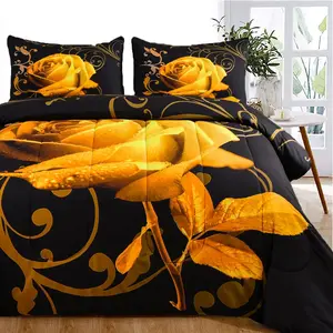 Yellow Comforter Set  Reversible Yellow Rose  Printed  Comforter Set with 2 Pillowcases for All Seasons, Soft Microfiber Filling  Set 103"x90"