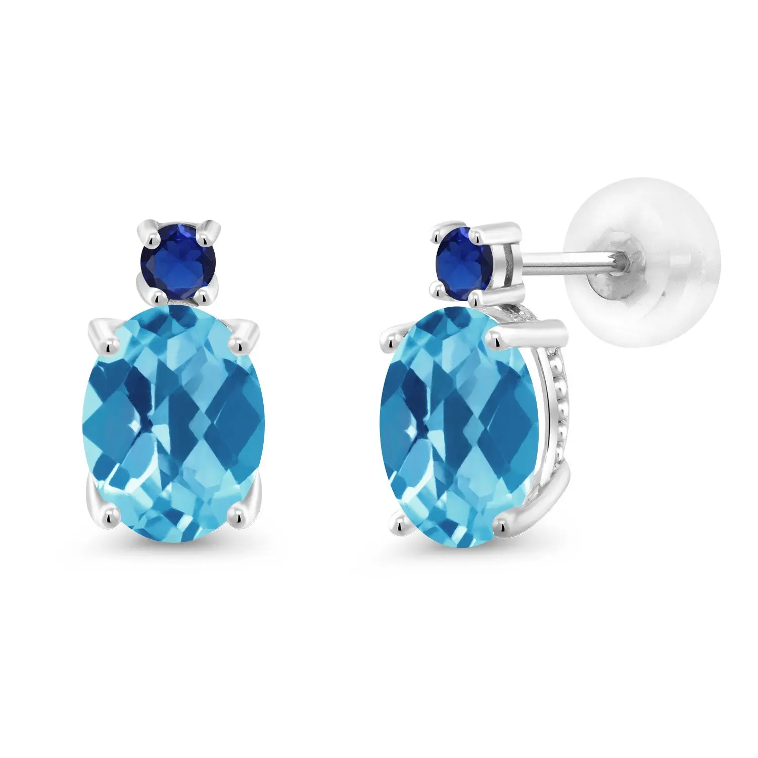 14K White Gold Gemstone Birthstone and Blue Created Sapphire Stud Earrings For Women | Oval 8X6MM | Round 2.5MM | Elegant Two-Stone Design | Classic Fine Jewelry Earrings