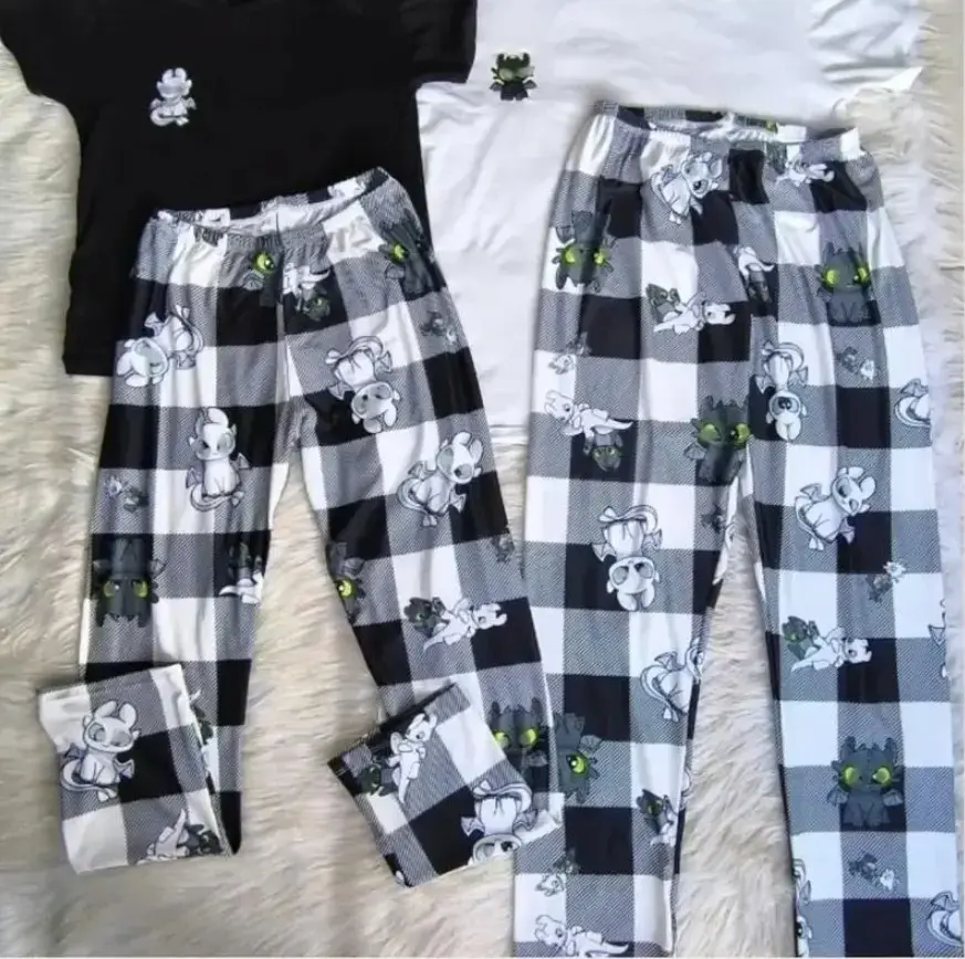 Cute Dragon Plaid Pajama Pants, Cartoon Character Lounge Sleep Pants, Cozy Unisex Pajama Bottoms