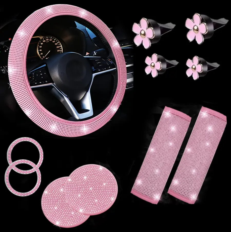 11pcs Bling Cute Car Trinkets Set - Steering Wheel Cover, Seat Belt Covers, Daisy Vent Clips, Cup Holder Coasters, Diamond Start Button Rings - All-Season Auto Accessories for Most Vehicles