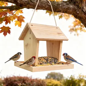 1Pc Wooden House Shape Hanging Bird Feeder, Natural Wood Style, with Rainproof Roof & Large Capacity Food Tray, for Outdoor Garden Yard Bird Feeding Station, Bird Lovers Gardening Decoration Gift