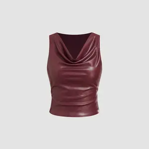 Women's Faux Leather Cowl Neck Solid Ruched Crop Tank Top, Sizes 2-10