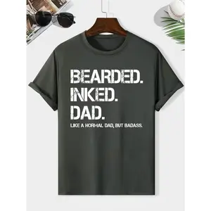 Bearded Inked Dad Graphic Cotton T-Shirt, Comfort Fashion Cute Oversized Outfit, Perfect Gift for Dad Bearded Tattooed Fathers, Father's Day Birthday Valentine's Day Gift for Him, Casual Short Sleeve Crewneck Tee Tops for Men