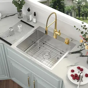 Kichae 25 Inch Drop In Kitchen Sink - 25x22 Drop Sink Stainless Steel 16 Gauge Single Bowl Topmount Deep Basin Drop Kitchen Sinks Round Corner Handmade Sink