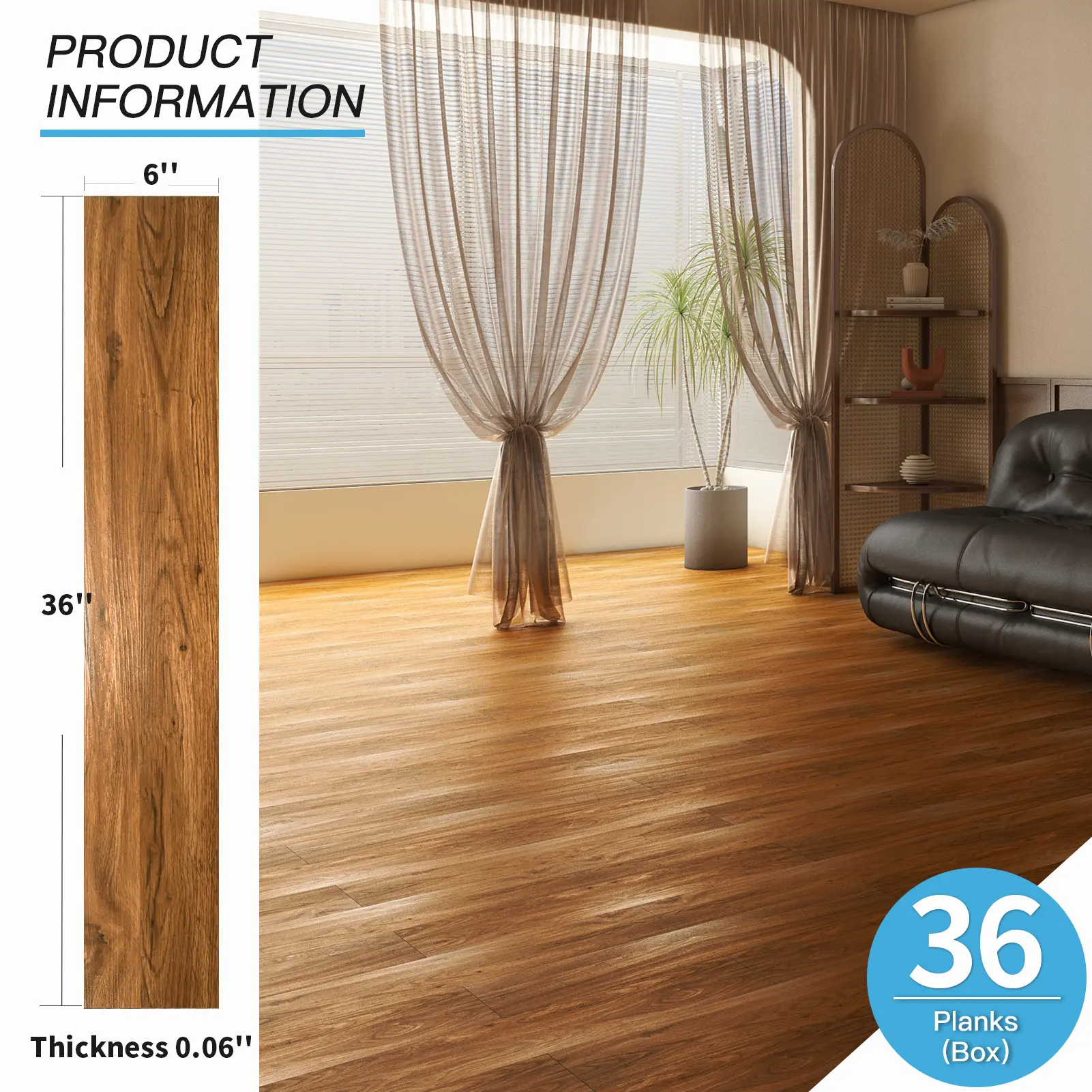 36-sheet Peel and Stick Floor Tiles - Vinyl Plank Flooring with Wood Look, 54 Sq. Ft., Adhesive and Waterproof for Bedroom, Living Room, Kitchen, RV in Rosewood