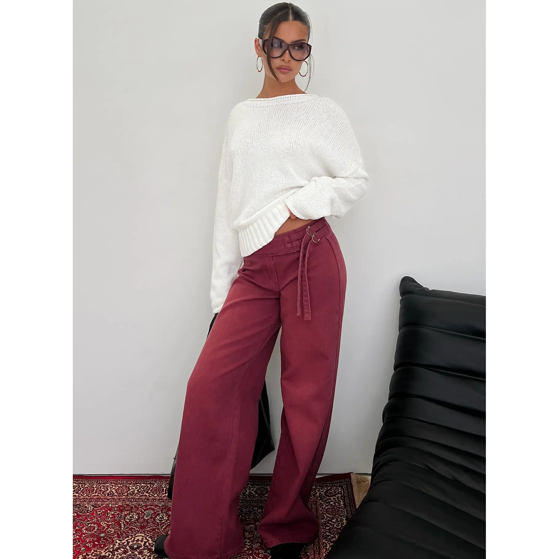 Boxie Mid Rise Wide Leg Jeans Washed Burgundy